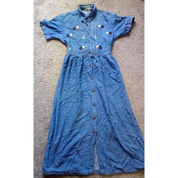G.S. DENIMS Dresses & Skirts - Vintage G.S. DENIMS Floral Embroidered Button Front Denim Dress WOMEN'S Sz M